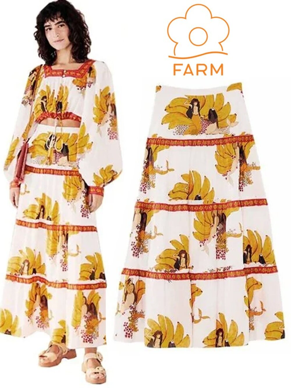 FARM RIO Off-White Mermaid Bananas Maxi Skirt - Picture 1 of 13